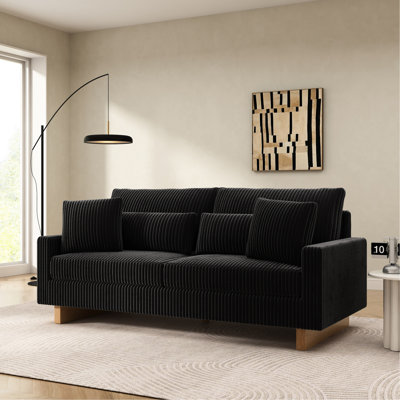 Canapé moderne en velours côtelé noir de 204 cm (80,3 po), doux et confortable, quatre coussins en mousse haute densité, carré, facile à nettoyer, dossier bas, idéal pour les petits espaces.