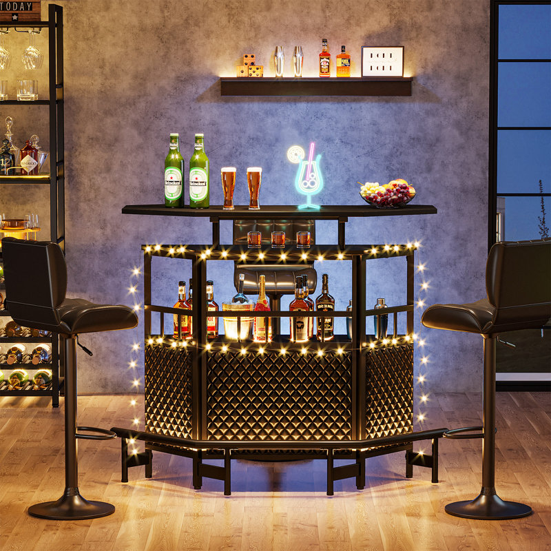 Bar Unit For Liquor, 4 Tier Home Bar Cabinet With Storage Shelves And Footrest, Corner Mini Bar Table With Wine Glass Holder For Home/Kitchen/Bar/Pub, Black