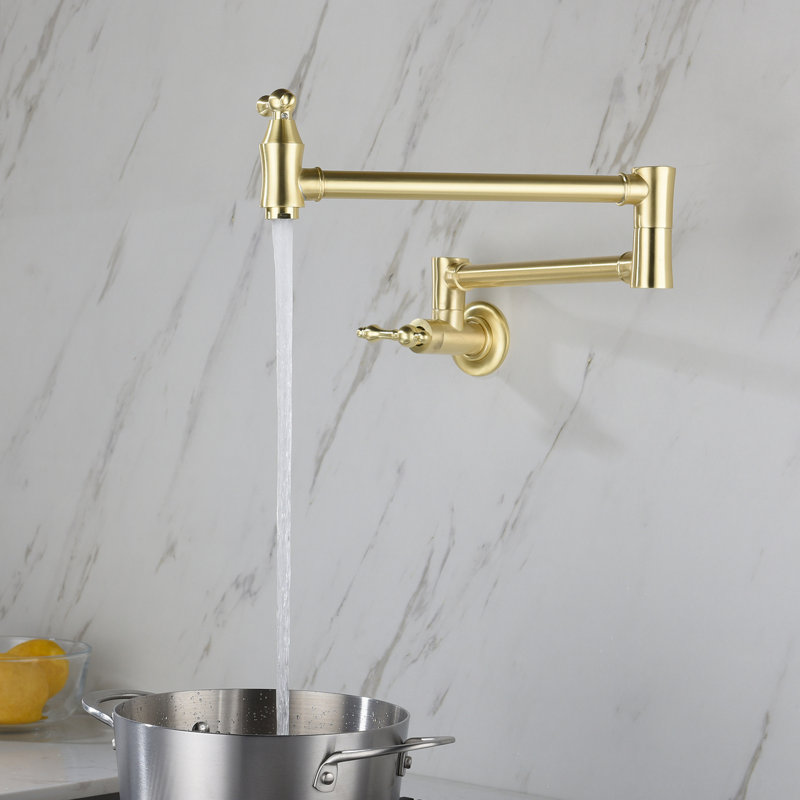 Pot Filler Faucet Wall Mount - Golden Brass Type, Arm For Easy Filling Procedure, Double Handles Managed Water Flow Volume Management, Corrosion & Fingerprint- Surface Sign Signal, Peaceful Splash-