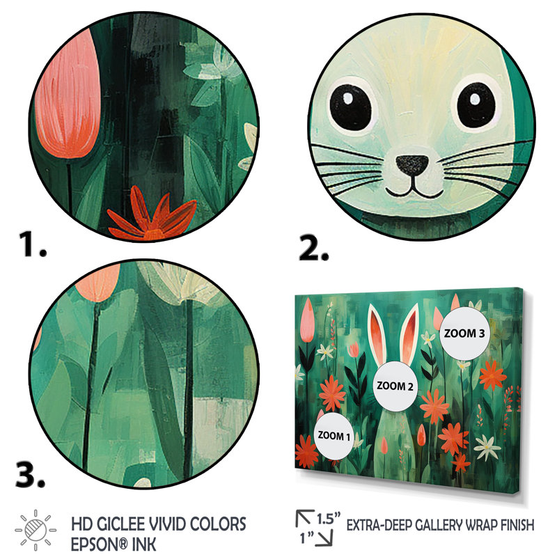 Vert et rose, fleurs de lapin, prairies - Lapin, art mural, Cadre flottant doré, H 24 po x l 32 po x P 1 po