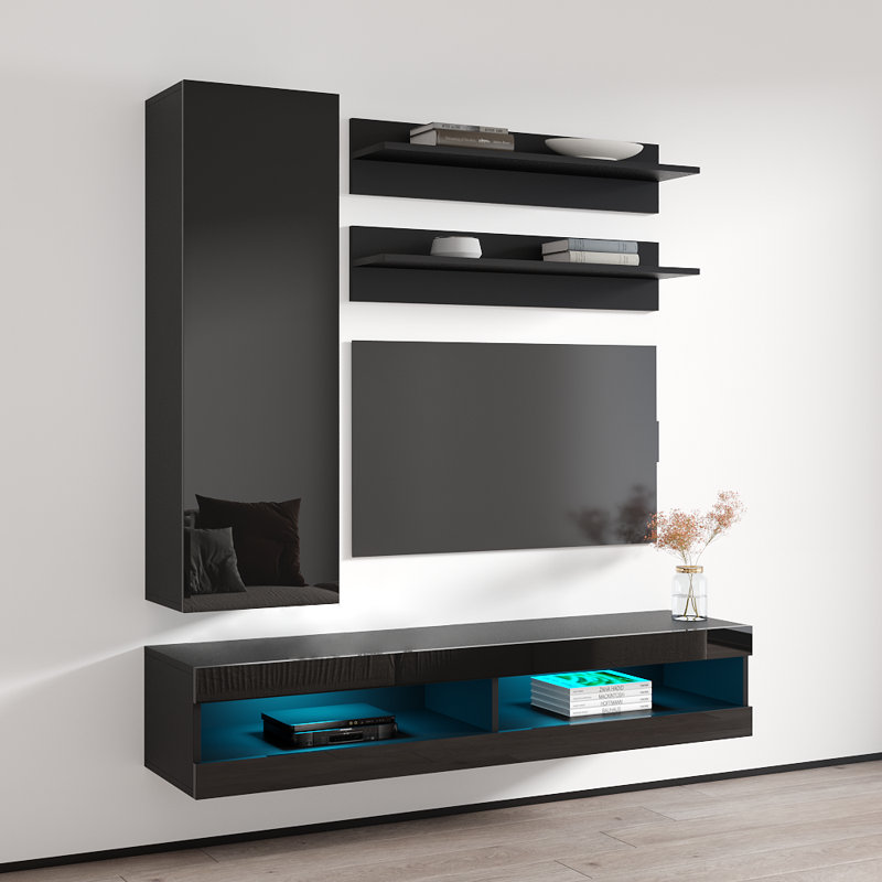 Lollis 63" Modern Floating Wall Mounted Entertainment Center with 16-Color LED Lighting, High Gloss Finish, Black