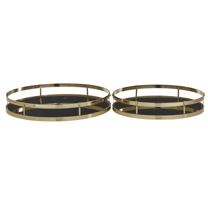 Round Gold Metal Trays With Black Glass Base, Set Of 2: 14", 16"