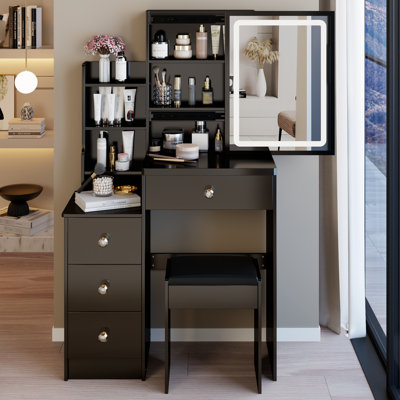 Petite table de chevet gauche avec tabouret rembourré, miroir tricolore lumineux à luminosité réglable, rangement élevé pour les espaces compacts, design américain, miroir à commande tactile noir, idéal