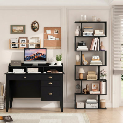 2-Piece Office Set, S-Shape Open Bookshelf & Computer Desk Set,  Modern Computer Desk with Storage Drawers +6-tier tall bookcase