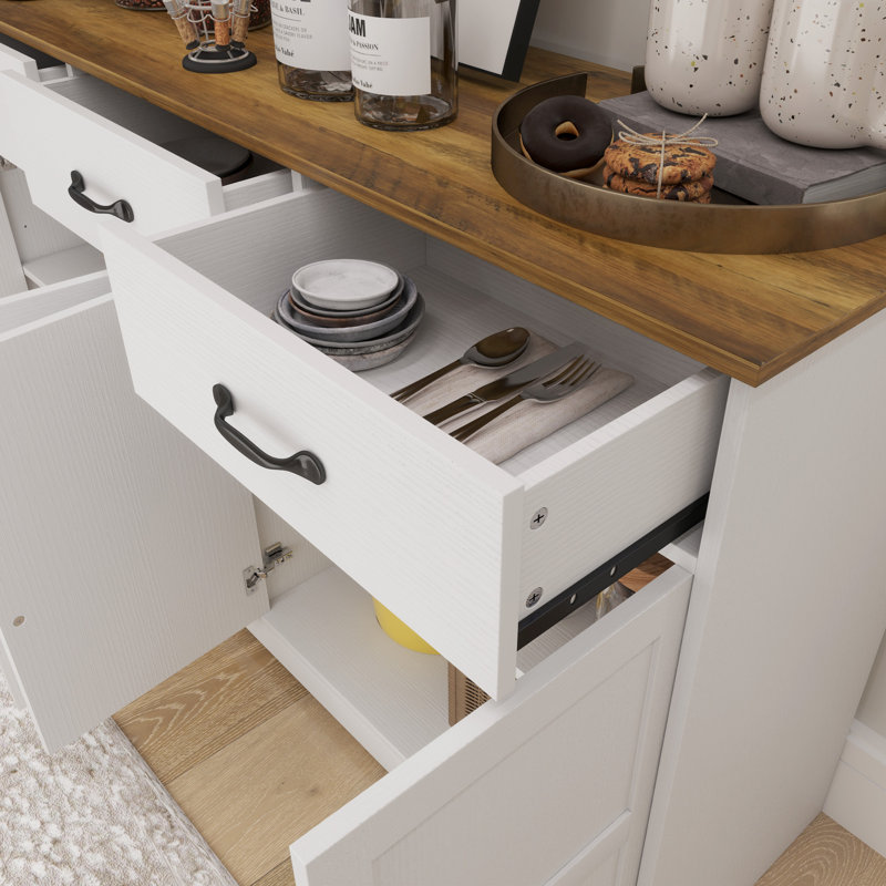 Buffet, armoire à café avec tiroirs, patiné, Blanc / Brun
