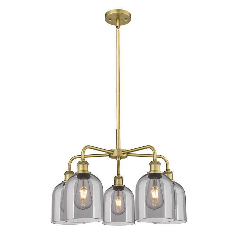 Lustre en forme de cloche à intensité variable en acier à 5 lumières Odaniel, Gris fumée clair, Laiton brossé