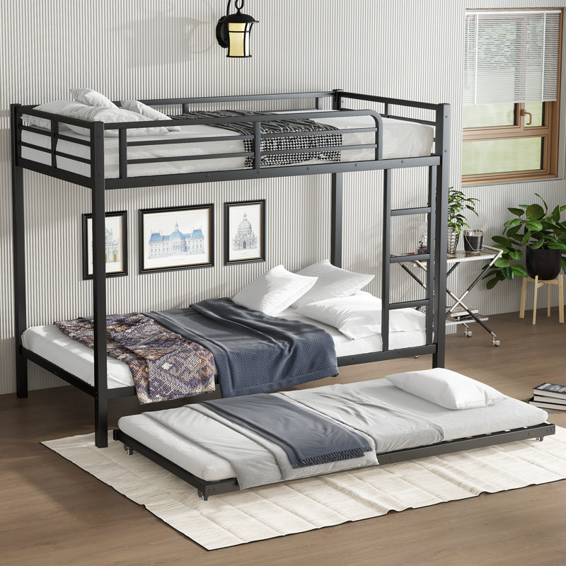 Metal Bunk Bed with Trundle, Sturdy Frame with Guardrails and Ladders, Space-Saving Design, Black, Twin XL Over Twin XL
