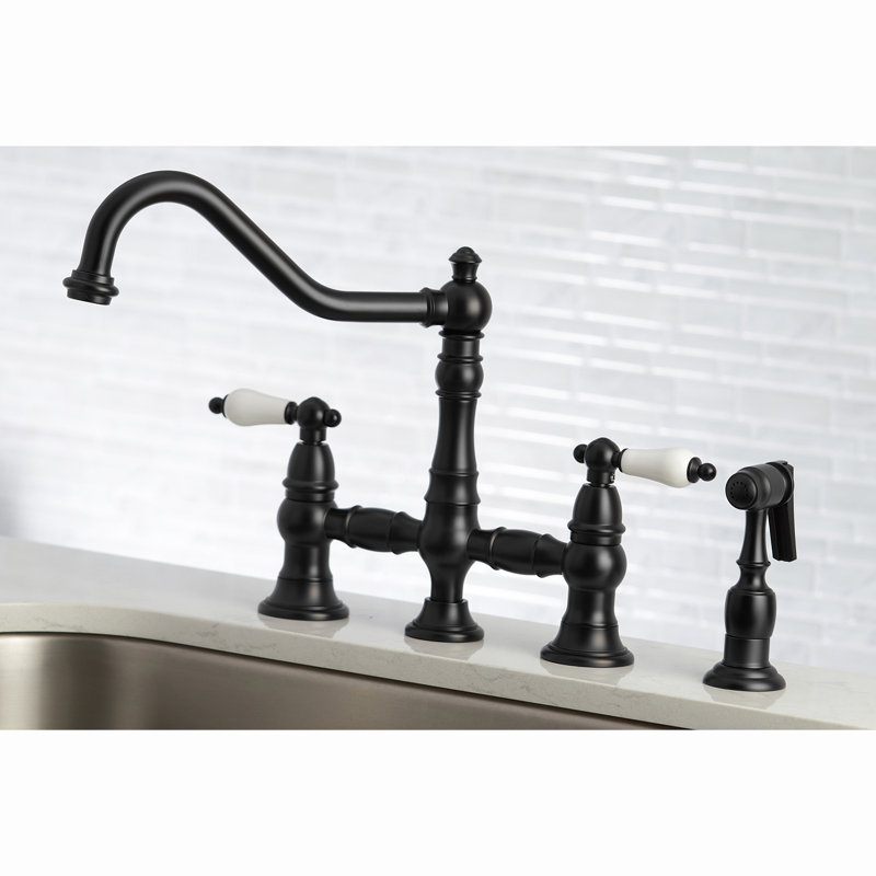 Kingston Brass Restoration Two-Handle 4-Hole Deck Mount Bridge Kitchen Faucet with Brass Side Sprayer, Matte Black