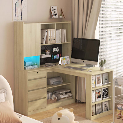 Bureau d'angle en L avec chargeur, lumière DEL et rangement