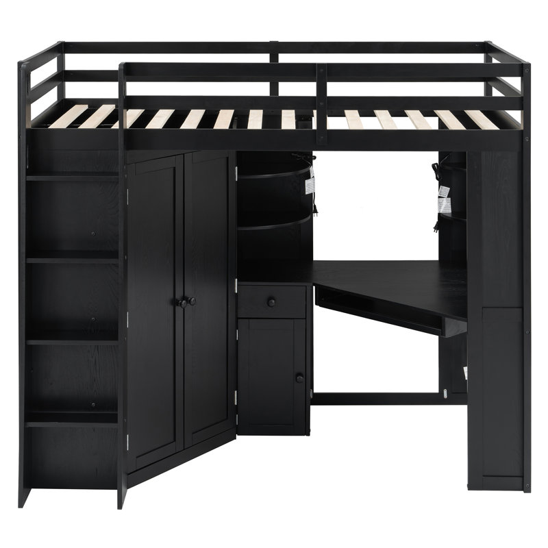 Lit mezzanine simple avec bureau, grande armoire, plateau à clavier coulissant, station de charge et double projecteur - noir