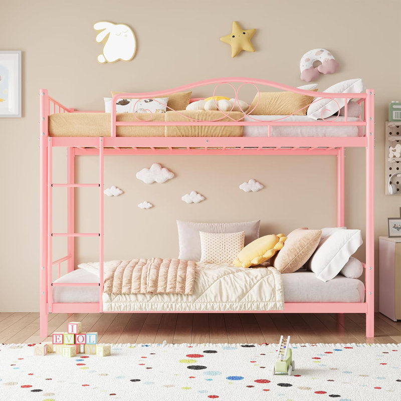 Bunk Bed Twin Over Twin, Twin Bunk Bed with Ladde & Full-Length Guardrails, Heavy Duty Metal 400 LBS Weight Capacity, Space-Saving Design, Noise Free, No Box Spring Needed,Pink
