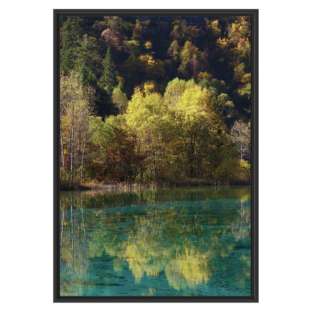 Gerahmtes Wandbild herbstlicher Wald am See