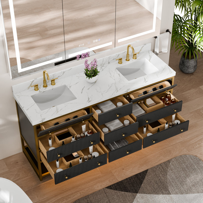 Meuble-lavabo double 72 po avec comptoir en pierre d'ingénierie, double lavabo sous comptoir, tablette DEL et 7 tiroirs à fermeture en douceur - armoire noire ou blanche avec cadre doré