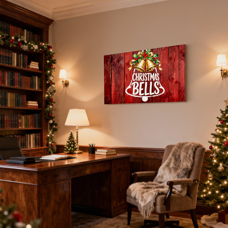 Cloches de Noël sur fond de bois rouge, ensemble de 3 impressions d'art sur toile, H 20 po x l 30 po
