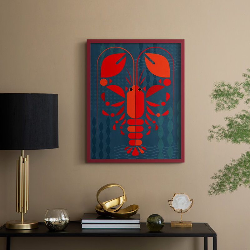 Reproduction encadrée Geo Lobster II - bois massif, H 15 po x l 12 po, Rouge