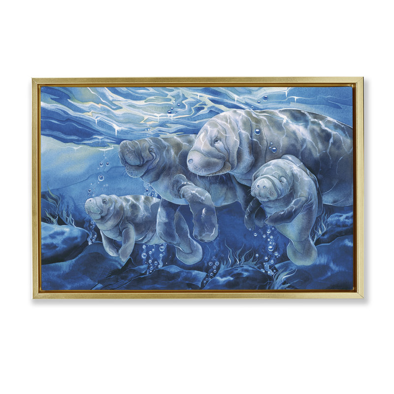 Cadre flottant pour famille de lamantins sous l'eau, design par Jody Bergsma, H 21 po x l 31 po