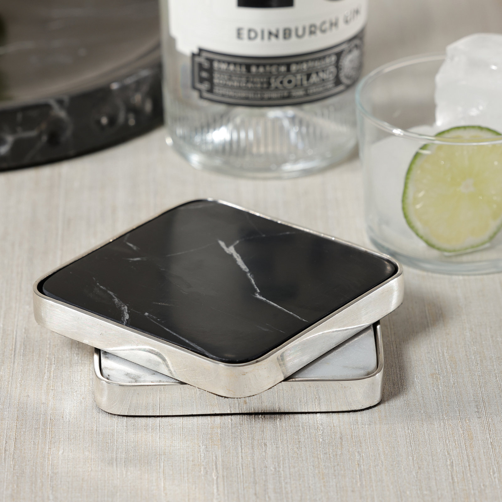 Silver Border Marble Coasters, White Marble