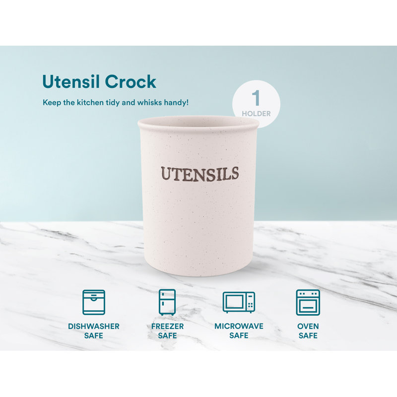 Cream Speckled Ceramic Utensil Crock Holder, 6 Inches
