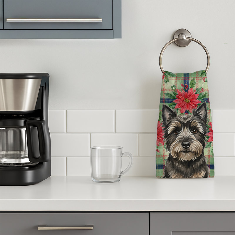 Black Cairn Terrier Christmas PoinsettIas Kitchen Towel, Black Cairn Terrier