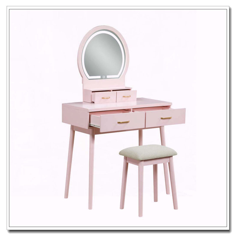 Pink Finish Vanity Dresser with Mirror, Stool and Storage Drawers, Pink