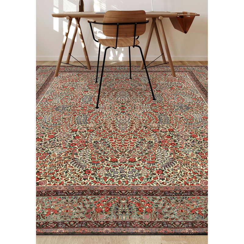 Tapis ivoire et vert clair de haute qualité noué à la main
