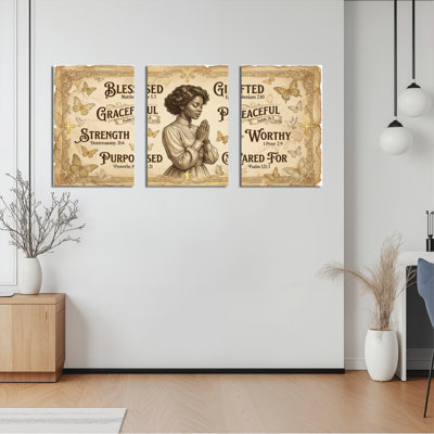 Blessed Graceful Strength Purposed Gifted Peaceful Worth Cared For Canvas Wrapped Wall Art Set Of 3 Religious Inspirational Quote With Vintage Butterfly And Woman Prayer Design For Living Room Bedroom Home Decor