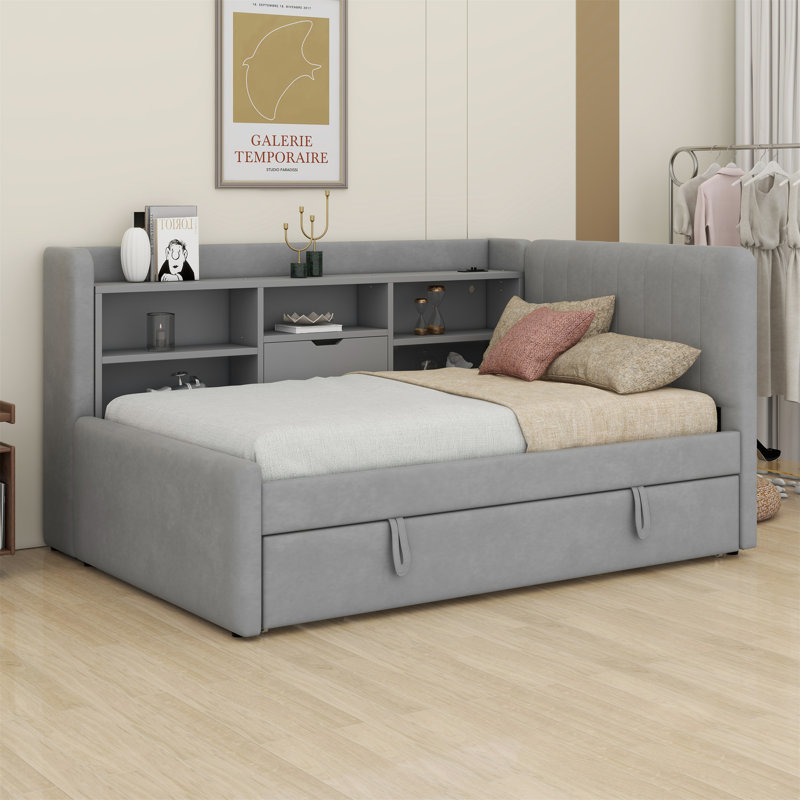 Lit de jour rembourré avec lit gigogne, tablettes de rangement, port USB et prise de courant, gris