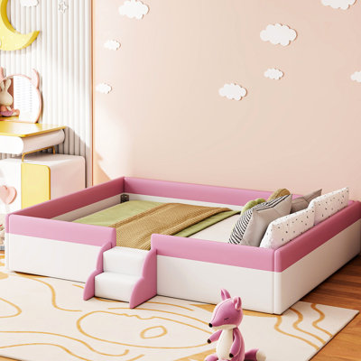Lit de jour rembourré pour très grand lit avec clôture, aspect rose et blanc, 10 lattes de lit, escalier de clôture pour cadre de chambre à coucher, combinaison, unité centrale d'éponge confortable, lattes pour un soutien à long terme, simple
