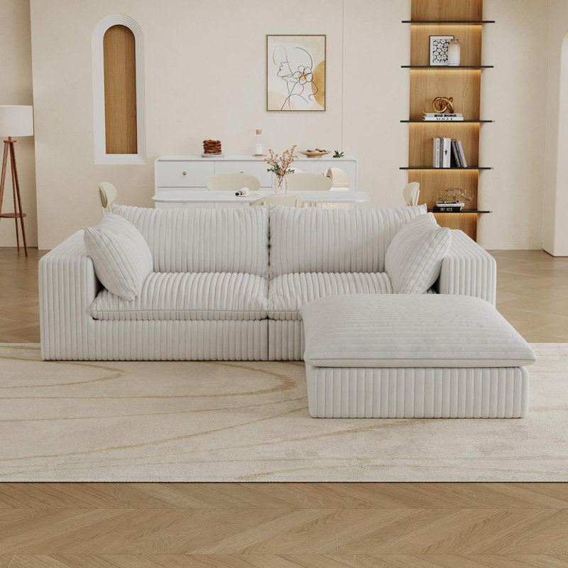 Causeuse en velours côtelé avec coussin moelleux et repose-pieds, Blanc