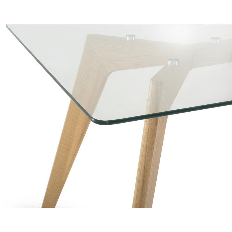 Hadley Oak Rectangular Glass Top Dining Table with Wood Base, 75cm H x 180cm W x 90cm D