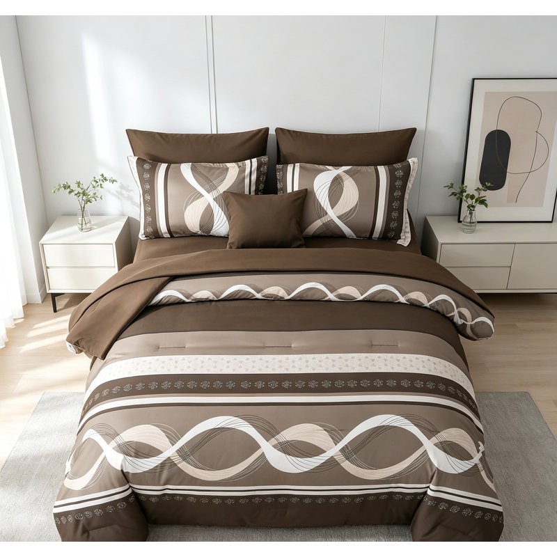 Brown Comforter Set Queen Patchwork Striped Bed in a Bag, Queen Comforter + 7 Additional Pieces