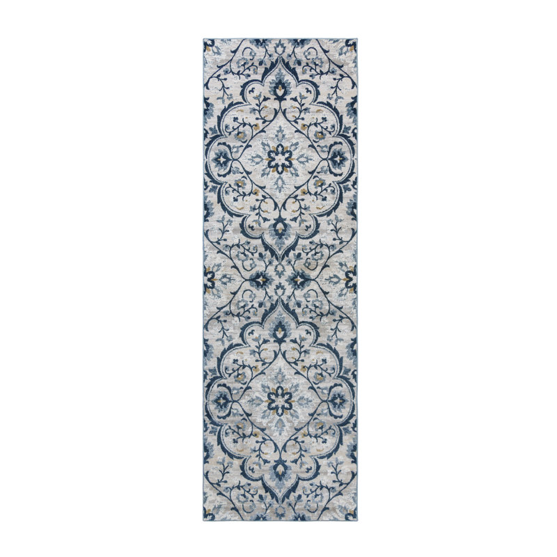 Mickelson Medallion Gray/Blue Scrolled Transitional Diamond Medallion Area Rug, Runner 2'7" x 8'