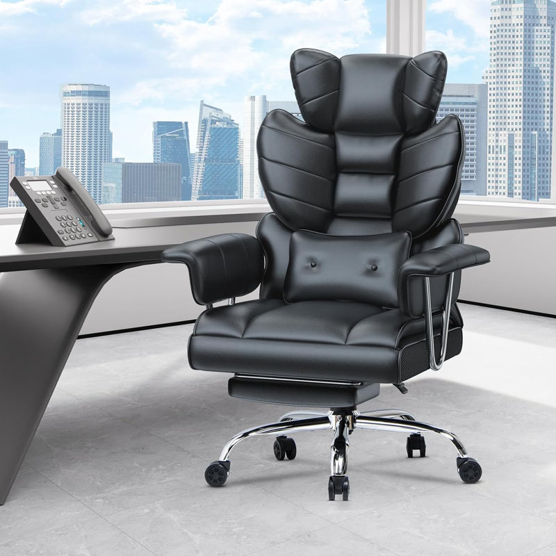 PU Leather Executive Chair with Footrest and Lumbar Support, Black