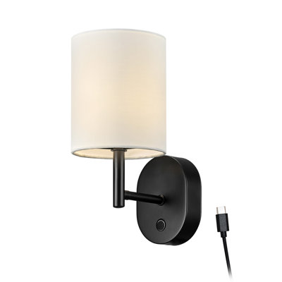 Matte Black LED Integrated Rechargeable Battery Wall Sconce with White Fabric Shade and 5ft USB-C Charging Cable Included