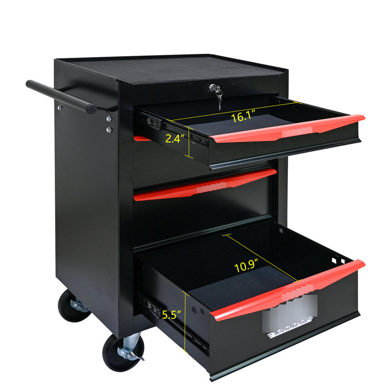 Coffre à outils 20 po avec 4 tiroirs - Boîte coulissante en métal, noir et rouge, fabrication en acier, roulettes universelles en acier, roulettes pivotantes, option pour plus d'outils