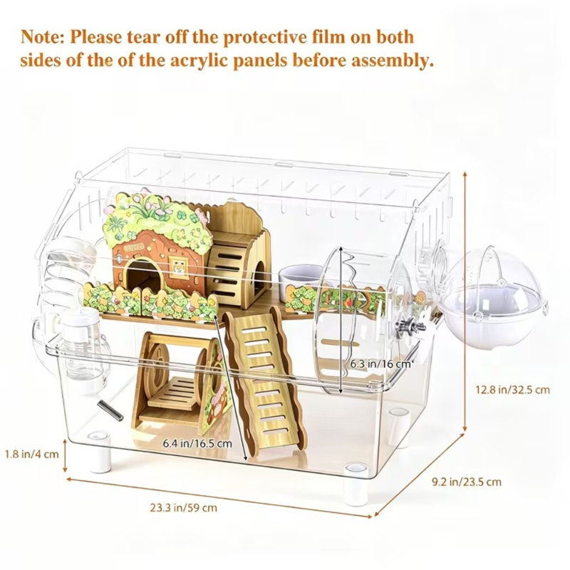 Grande cage à hamster en acrylique transparent avec accessoires de jeu complets, 2 niveaux transparents pour petits animaux de compagnie avec roue de couloir cachée, pour souris gerbiles nains syriens