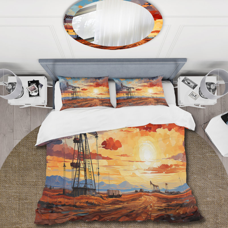Ensemble de housse de couette Orange Oil Rigs Pumpjack In Texas I BeddingMicrofiber / Polyester