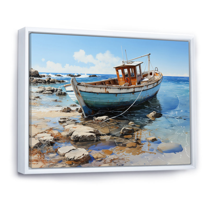 «Anchored Boat I», reproduction sur toile, H 34 po x l 44 po x P 1,5 po, Cadre flottant blanc