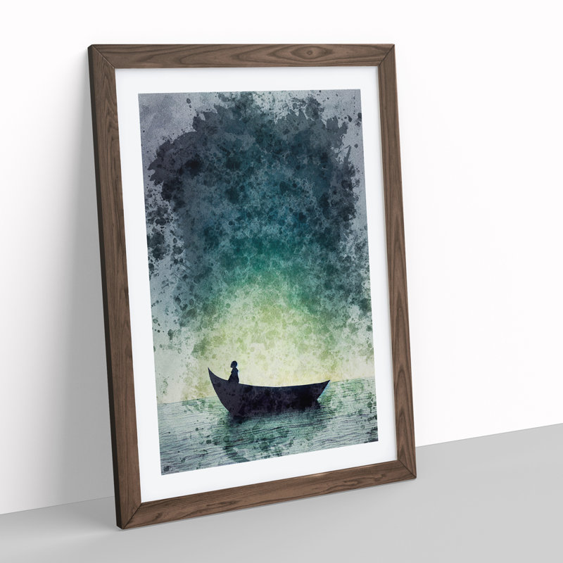 Alone In A Boat - Wall Art, 36cm H x 27cm W, Walnut Framed Paper, White