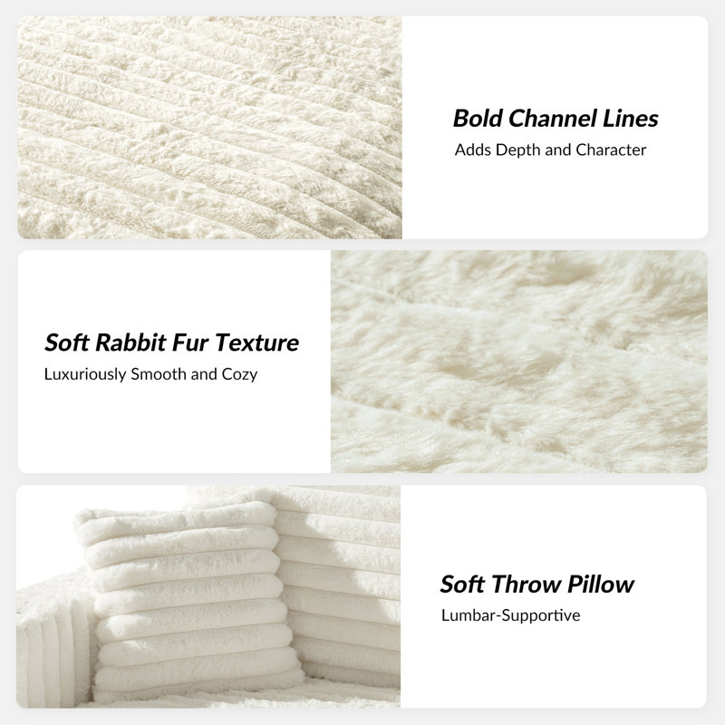 Estella 86" Modern Oversized Channel Sofa Chaise Daybed with Faux Rabbit Fur, Ivory