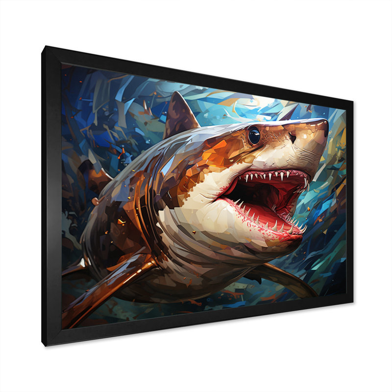 " Blue Shark Predators Glare Geometric II ", 12" H x 20" W x 1" D, Black Single Picture Framed