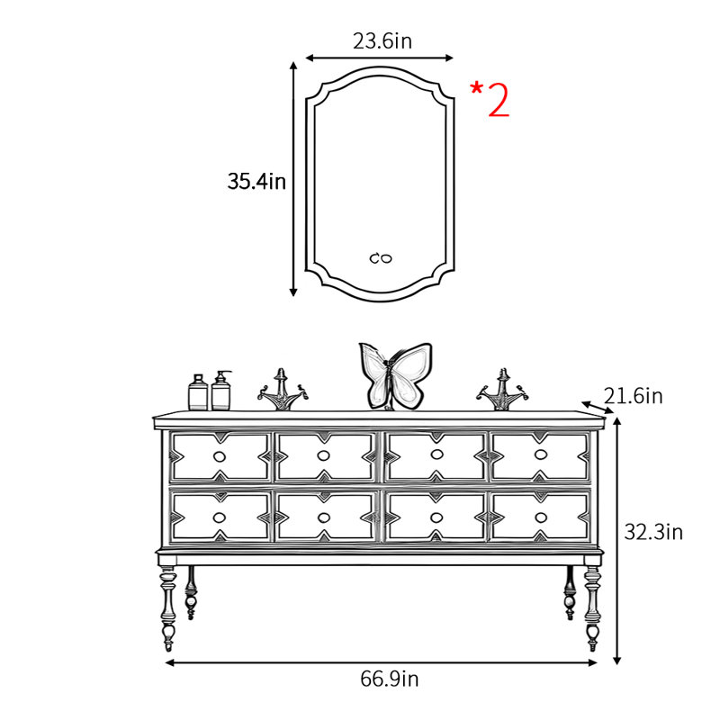 Armoire de salle de bain rétro française, H 32,3 po x l 66,9 po x P 21,6 po