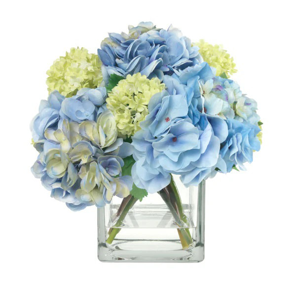 Hortensias bleus et boules de neige dans un vase cubique en verre BLOOMS