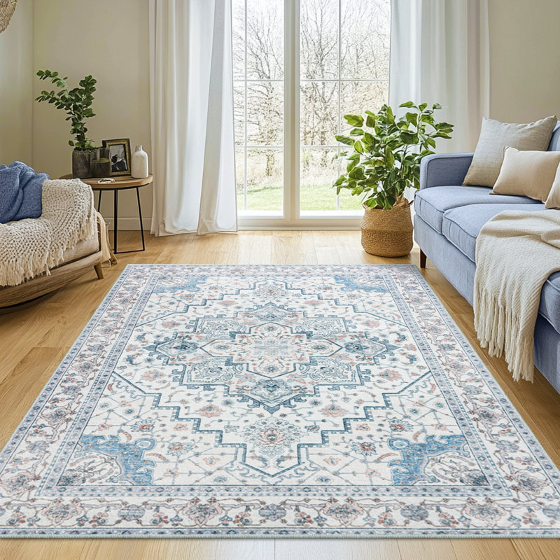 4x6ft Machine-washable Carpet, Cashmere-Look Rug with Non-Slip Backing and Durable Edging, Bohemian Style Rug Suitable for Living Room, Bedroom, Dining Room