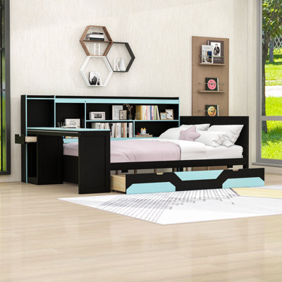 Wood Daybed with Desk and Drawers,Shelves