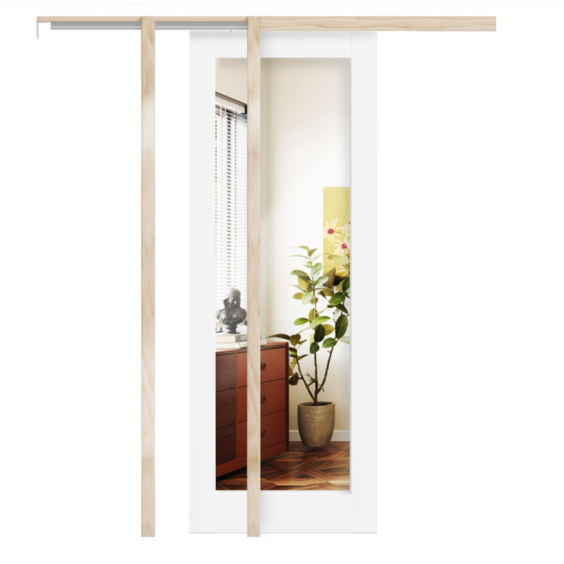30 in. x 80 in. White Primed MDF Pocket Door Frame with Frosted Panel