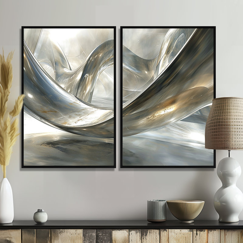 «Diamond Silver Streams - Abstract Modern Waves», art mural, Black, 36" H x 48" W, Impression encadrée flottante