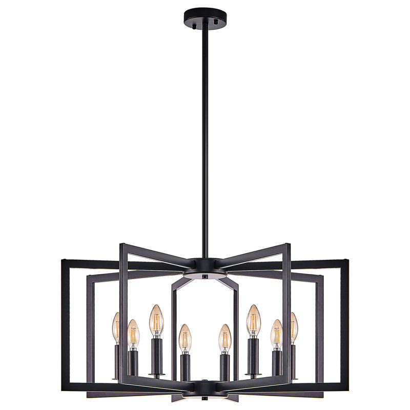 Lustre moderne en métal avec tiges réglables, Noir mat, 8 lumières