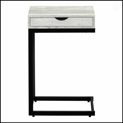 Table d'appoint en forme de C avec tiroir de rangement, plateau en stratifié gris et structure en métal noir pour les espaces de vie modernes