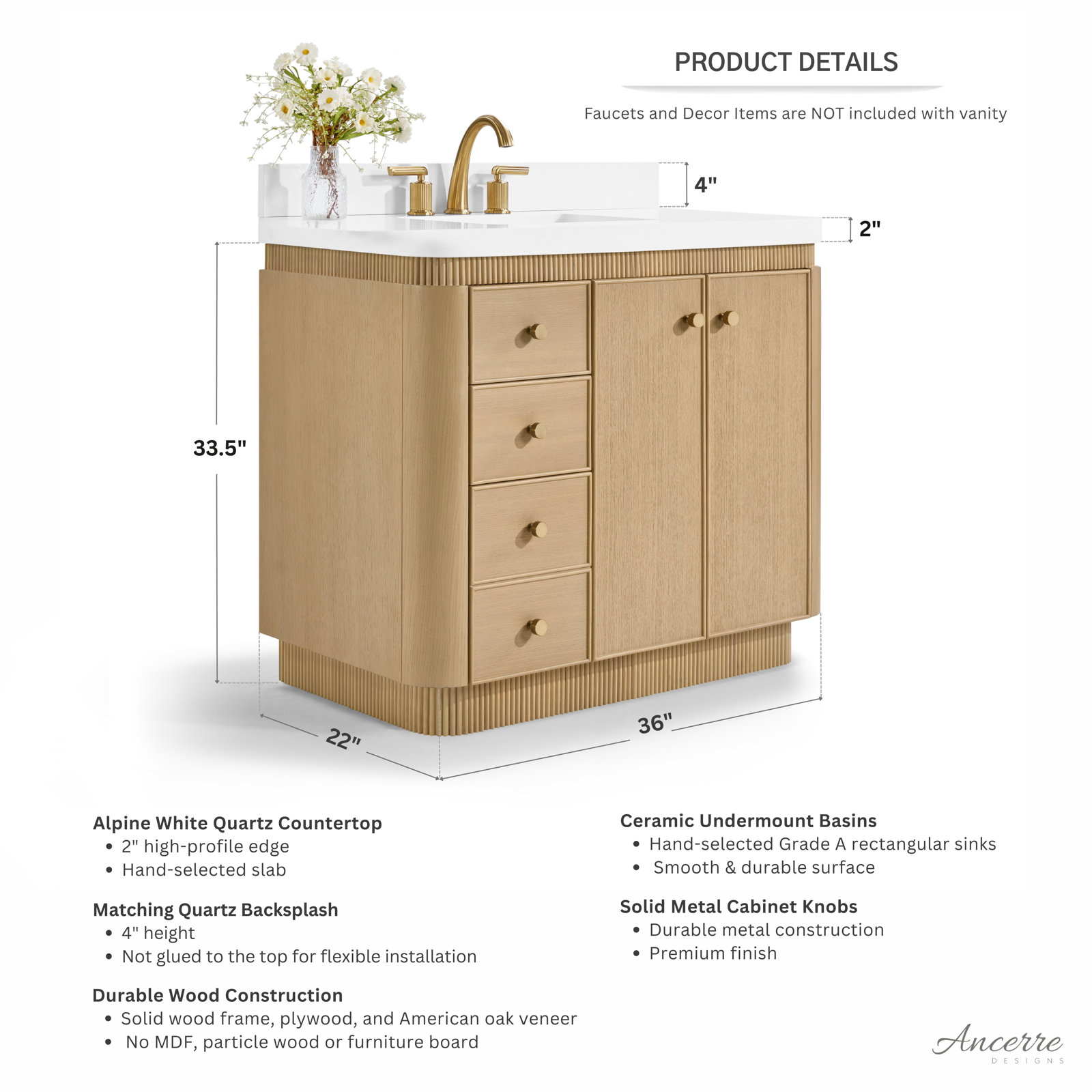 Aston Oak Single Bathroom Vanity, Natural Oak, 36 inch